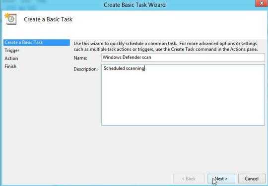 Windows 8, Task Scheduler, Create a Basic Task. Type a name and description. Then click Next.