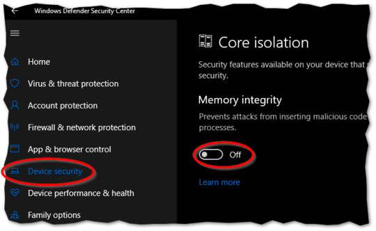 Switch under "Core Isolation" > "Memory Integrity" is set to "Off"