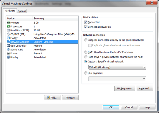 VMWare network adaptor settings