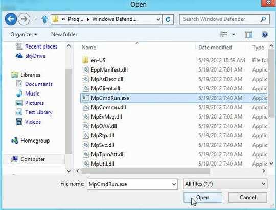Windows 8, Task Scheduler, Open, Windows Defender folder. Click "MpCmdRun.exe" and click Open.
