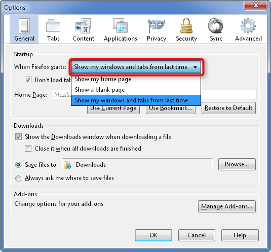 Firefox Options - General Tab