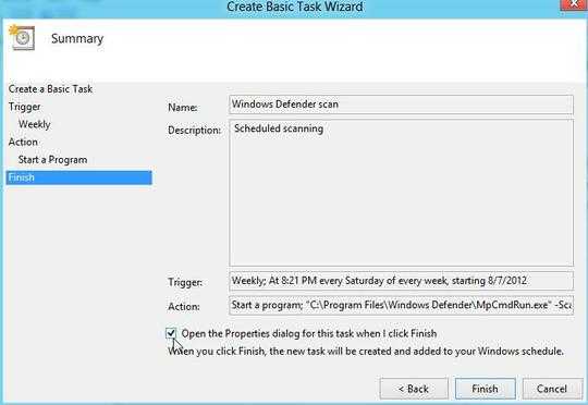 Windows 8, Task Scheduler, Create a Basic Task, Finish. Turn on the "Open the Properties dialog for this task" option and click Finish.