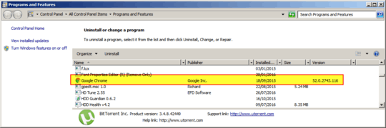 Chrome data in Programs & Features