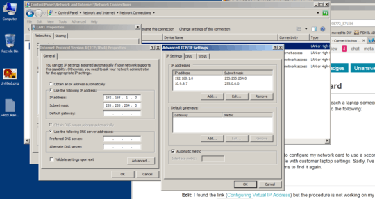 screenshot of win 7 ultimate X64: advanced TCP/IP settings. Two IPs entered