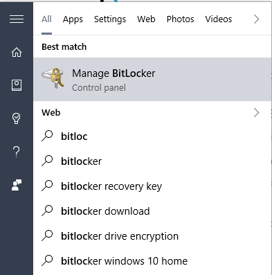 This image shows how my start menu shows bitlocker