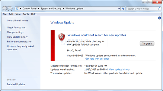 Screen shot of Windows Update error screen