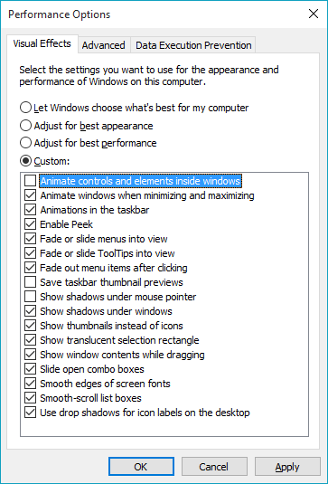 Windows 10 "Performance Options" dialog