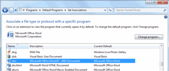 Default Programs dialog for Office file-types