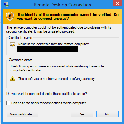 certificate error popup