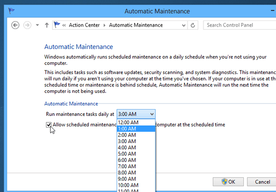 Screenshot of Windows 8+ maintenance schedule setting