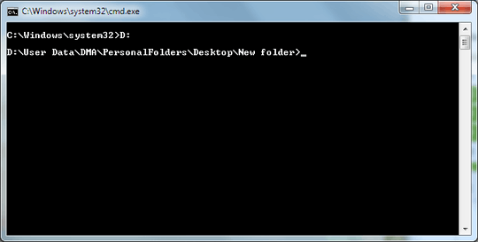 CMD window that initially shows C:\win\sys32 folder, but a single "D:" command changes to correct location.