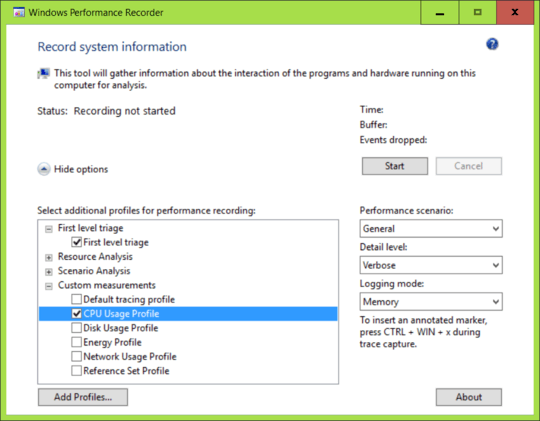 Windows Performance Recorder: check First level triage and CPU Usage Profile