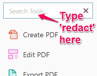 Type 'Redact' in Search Tools... field