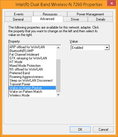 Wireless adapter properties