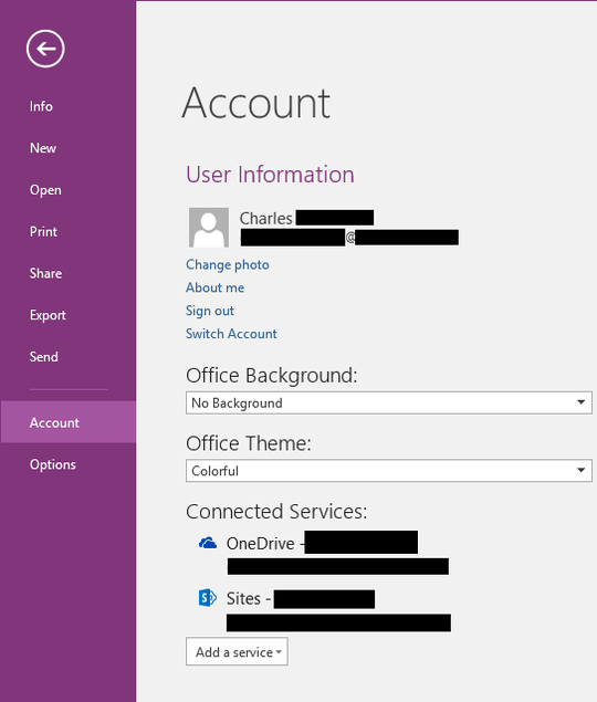 OneNote signed in to Office 365