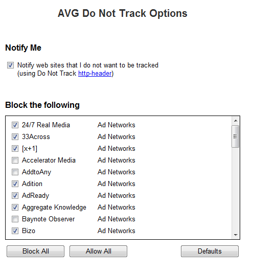 AVG Free - do not track options