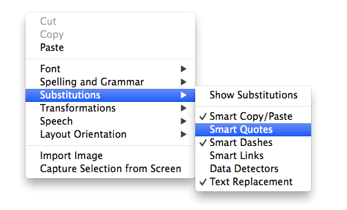 "Substitutions" and uncheck "Smart Quotes"