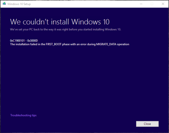 Windows 10 installation failure dialog