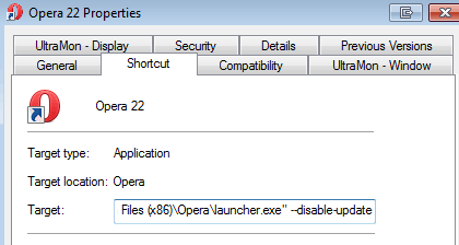 Opera shortcut properties