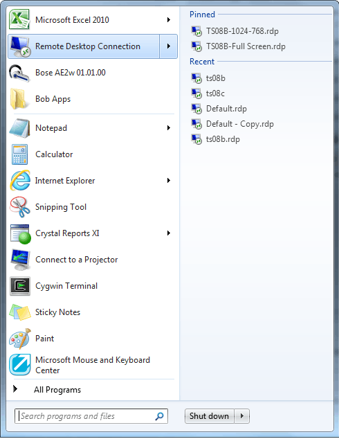 example RDP file menu