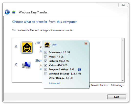 Windows Easy Transfer screenshot