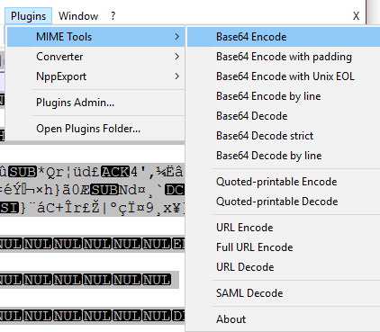 Plugins -> MIME Tools -> Base64 Encode selected