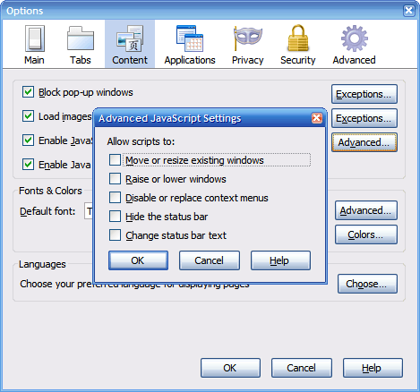 Firefox Javascript Options window