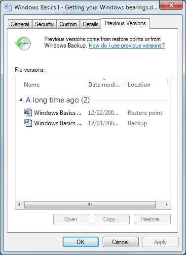 windows 7 restore previous versions right click
