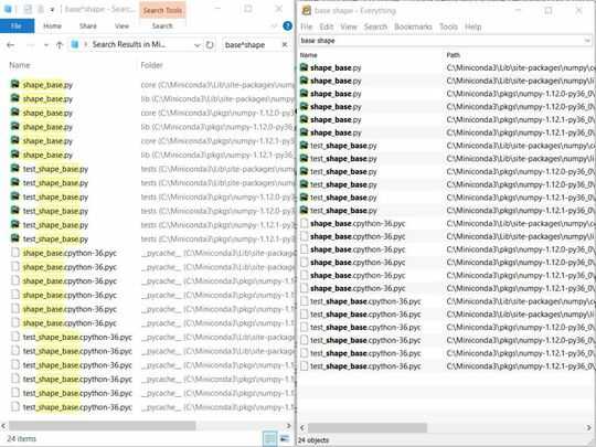 File Explorer vs. EVERYTHING search of full Miniconda folder
