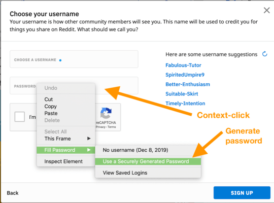 Screenshot of using context menu in a Password field to generate a random password