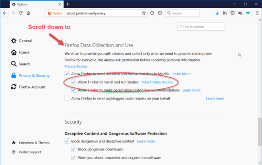 Enable studies: Firefox Options/Preferences -> Privacy & Security -> Allow Firefox to install and run studies