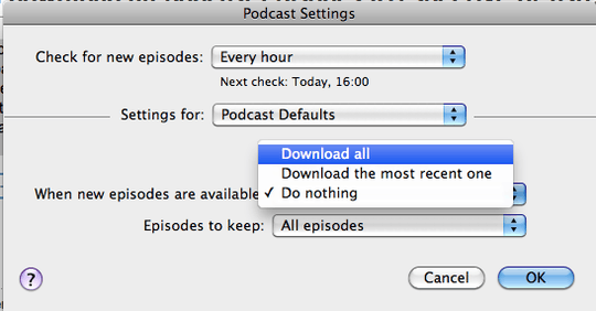 iTunes podcast settings window