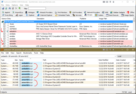 Autoruns and Everything showing these drivers are from AOMEI Backupper