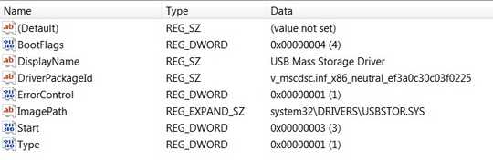 USBSTOR registry settings screenshot