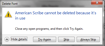 font cannot be deleted because it is in use error dialog