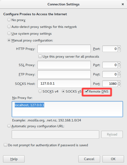 Proxy settings window in Firefox AKA Connection Settings