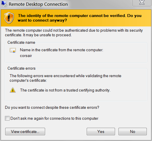RDP certificate error