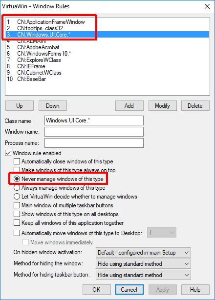 Configuration of rules. Windows 10 example.