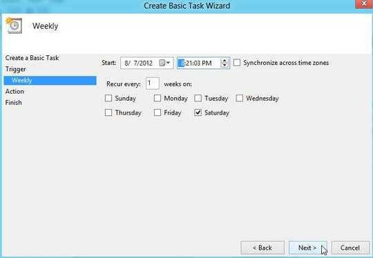 Windows 8, Task Scheduler, Create a Basic Task, Task Trigger, Weekly. Select a weekday and set a good time for automated malware scanning.