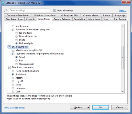 Settings for Classic Start Menu