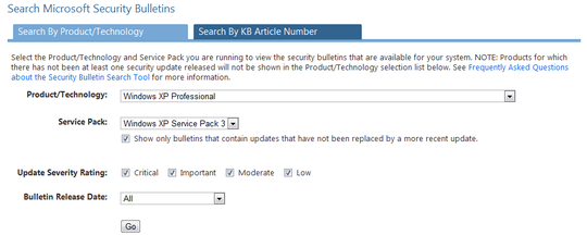 Security bulletin settings to filter for post-SP3 updates