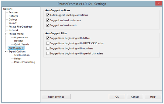 PhraseExpress AutoSuggest settings