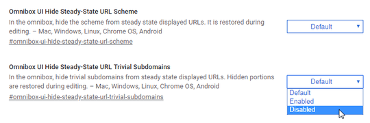 Chrome Flags - Omnibox Hide Scheme and Trivial Subdomains