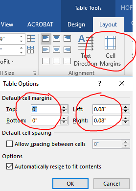 MS Word Table Padding by Cell Margins method