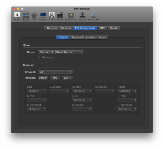 Logic Pro X's I/O Assignments panel, configured to display Surround output as 5.1 using WG-4 channel assignments