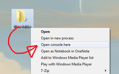 Selecting "Open console here" from shift+right click menu for folder on desktop