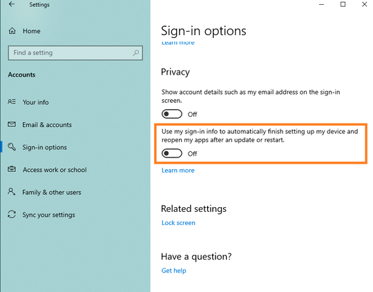 Screenshot showing the disabled sign-in option in the Windows 10 Settings app