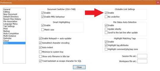 The Notepad++ Clickable Link setting