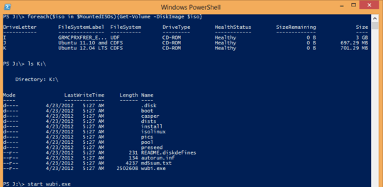 output of foreach/Get-Volume and ls