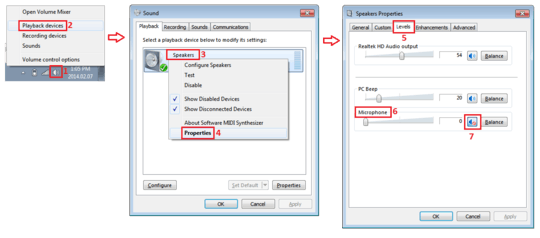 Screenshots of steps to mute microphone output in Windows 7